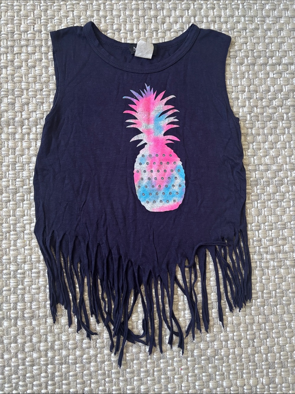 Girls Black Tank Top with Pink & Blue Pineapple and Fringe